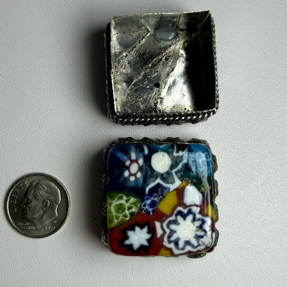 Vintage Murano Style Millefiori Inlaid Silver Box Trinket Pills Ring Art Glass